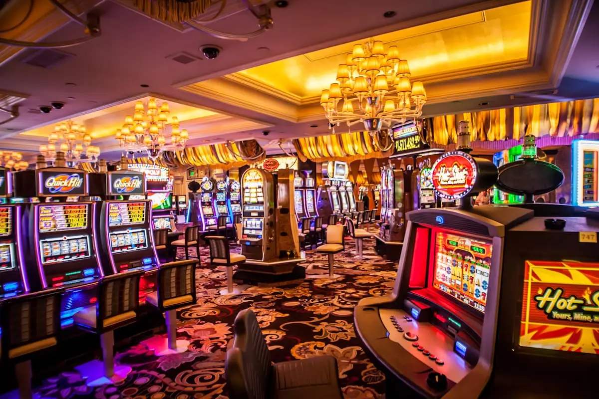 Bright casino hall with slot machines